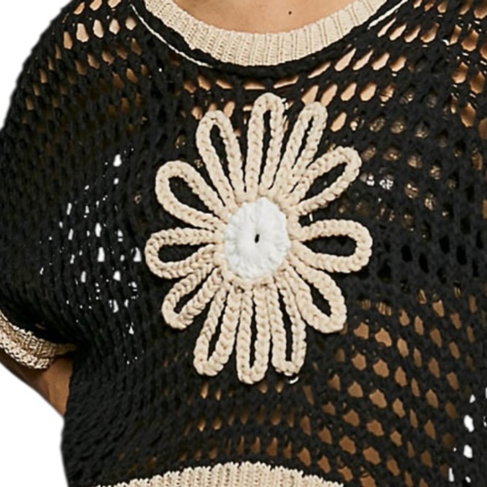 POL 🌼 Black Cotton Blend crochet Short Sleeve Floral Top - Picture 2 of 7